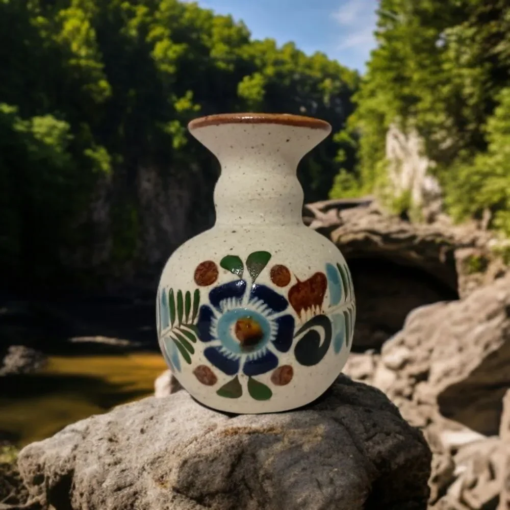 Tonala Pottery Bud Vase MINI Mexico Floral Sandstone Handpainted Signed Western.